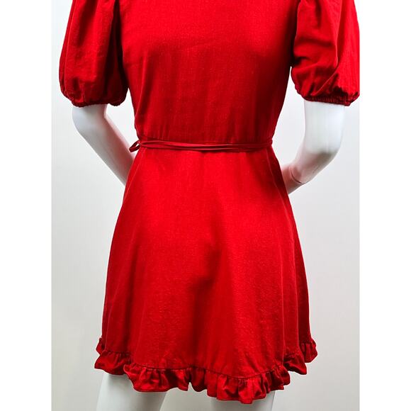 Women's Zara Red Lined Blend Wrap Puffed Sleeve Mini Dress Size XS - Picture 11 of 12